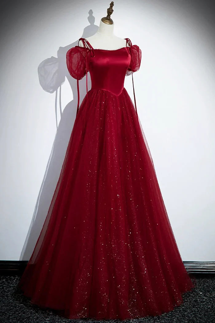 Vestido de fiesta burdeos de tul satinado, corte A, largo hasta el suelo, con hombros descubiertos, vestido de noche formal ED01455