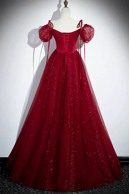 Vestido de fiesta burdeos de tul satinado, corte A, largo hasta el suelo, con hombros descubiertos, vestido de noche formal ED01455