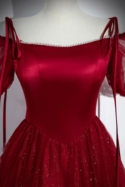 Vestido de fiesta burdeos de tul satinado, corte A, largo hasta el suelo, con hombros descubiertos, vestido de noche formal ED01455