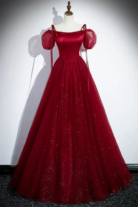Vestido de fiesta burdeos de tul satinado, corte A, largo hasta el suelo, con hombros descubiertos, vestido de noche formal ED01455