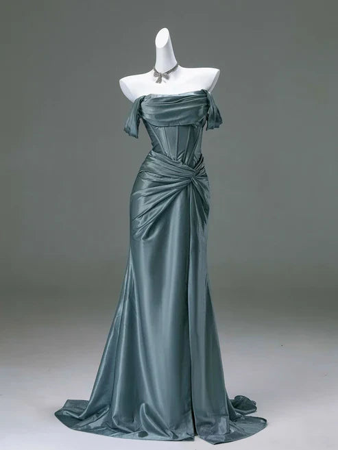 Free custom color and size blue/burgundy elegant off the shoulder pleated satin long formal mermaid ball gown evening dress party dress gh4245
