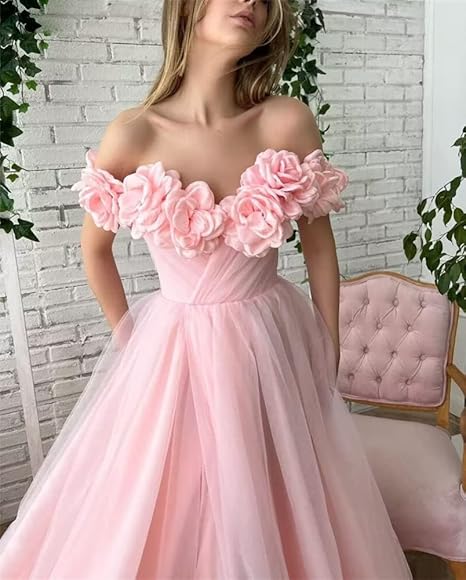 Vestido de fiesta largo de tul con hombros descubiertos y corte A floral, con abertura ED01457
