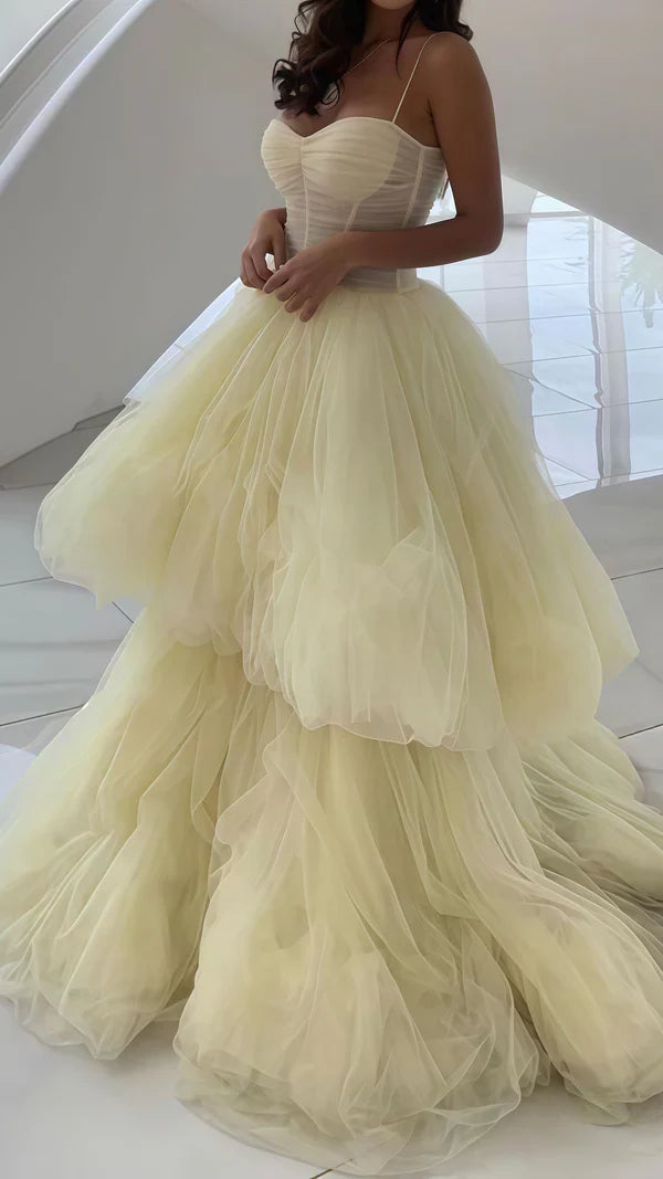 Light Yellow A-Line Tulle Prom Dress, Spaghetti Straps Evening Dress ED01461
