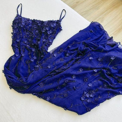 Vestido de fiesta largo, elegante, ajustado, con tirantes finos y apliques 3D ED01462