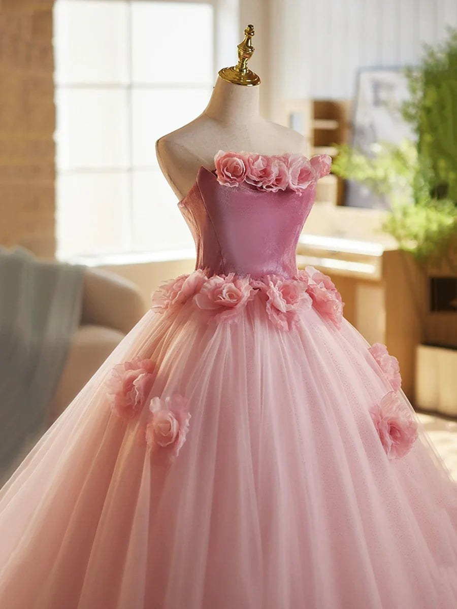 Vestido de fiesta largo de tul y terciopelo rosa, corte A, sin tirantes, para quinceañeras, ED01463