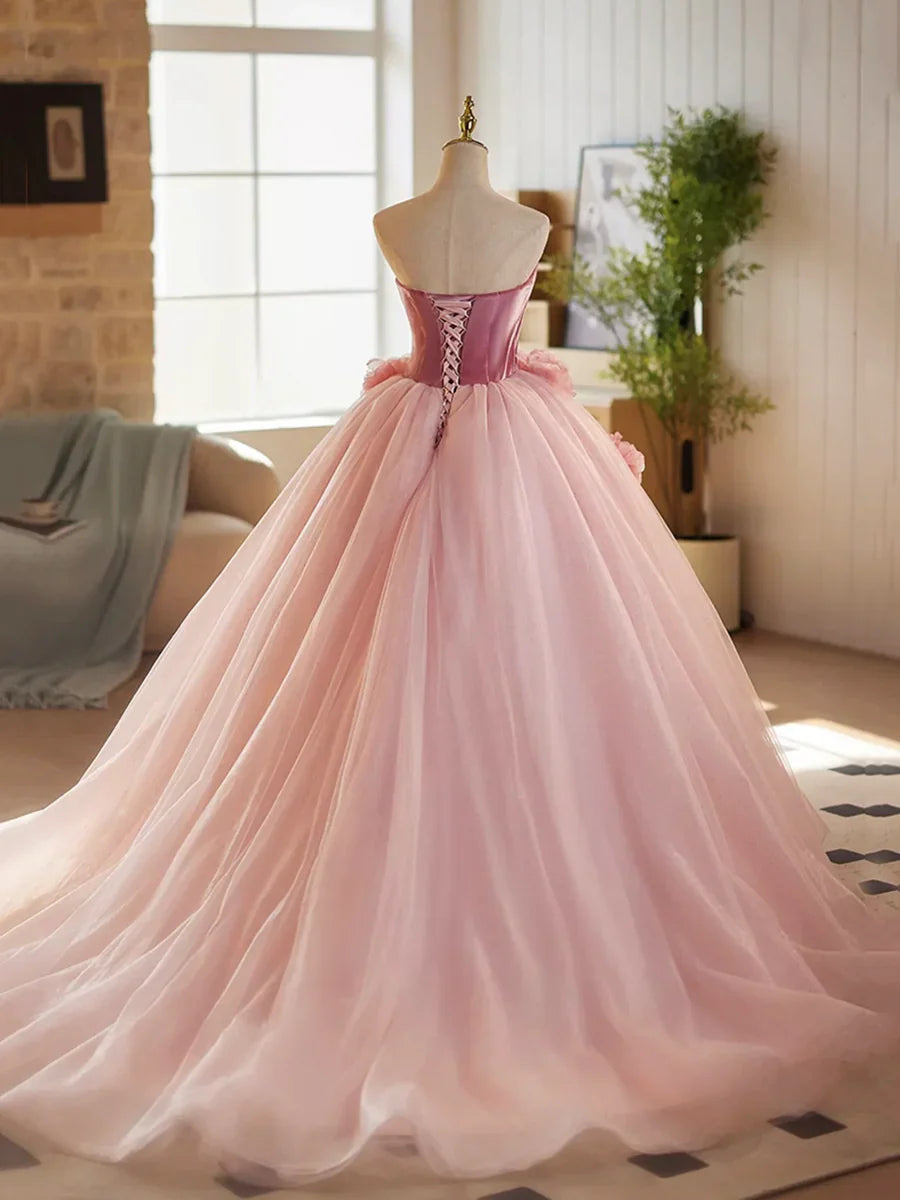 Vestido de fiesta largo de tul y terciopelo rosa, corte A, sin tirantes, para quinceañeras, ED01463