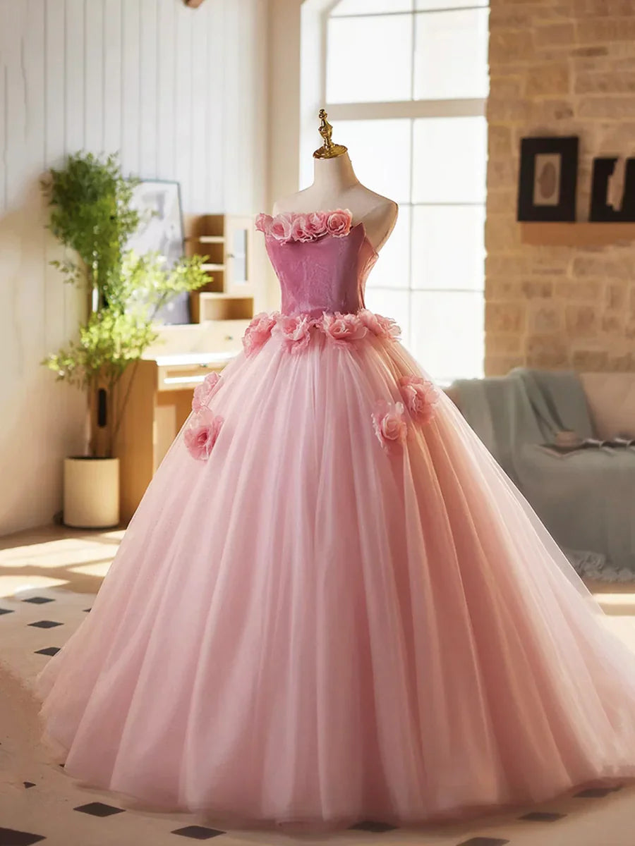 Vestido de fiesta largo de tul y terciopelo rosa, corte A, sin tirantes, para quinceañeras, ED01463