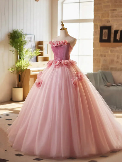 Vestido de fiesta largo de tul y terciopelo rosa, corte A, sin tirantes, para quinceañeras, ED01463