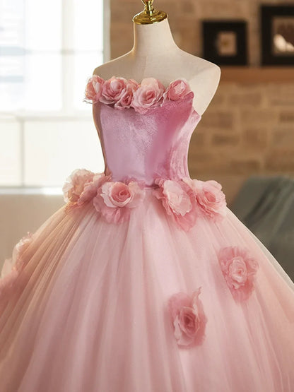 Vestido de fiesta largo de tul y terciopelo rosa, corte A, sin tirantes, para quinceañeras, ED01463