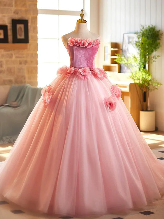 Pink A-Line Strapless Velvet Tulle Long Prom Dress,  Sweet 16 Princess Dress ED01463