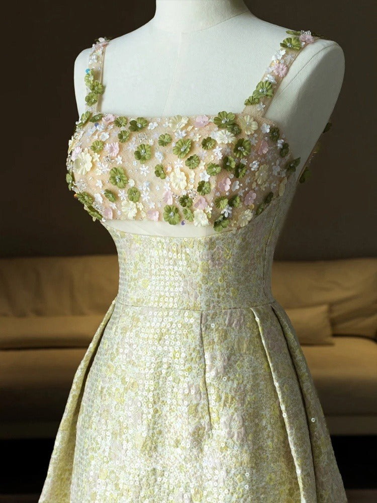 Vestido de fiesta largo de satén con lentejuelas y cuentas, corte A, tirantes finos, ED01464