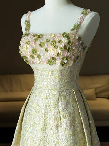 Vestido de fiesta largo de satén con lentejuelas y cuentas, corte A, tirantes finos, ED01464