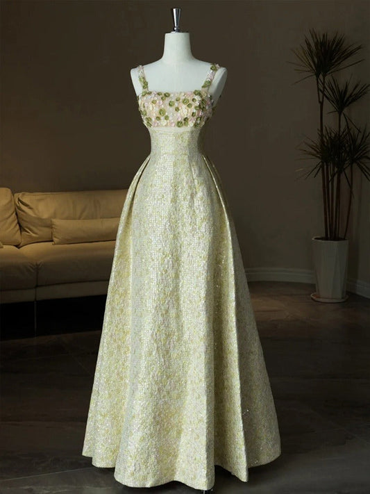 Sweet Spaghetti Strap A-Line Colorful Satin Beaded Sequins Long Prom Dress ED01464