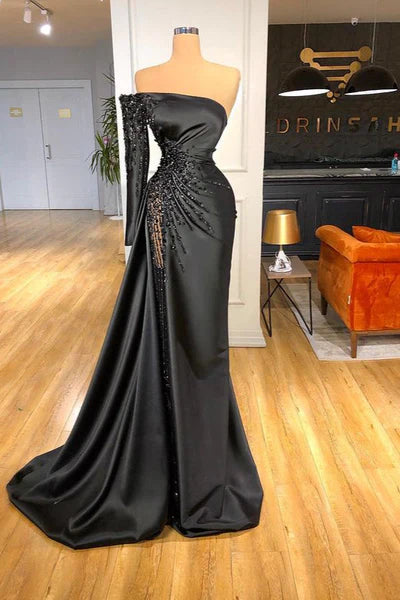 Black Mermaid One Shoulder Satin Long Prom Dress Beadings Evening Dress ED01465