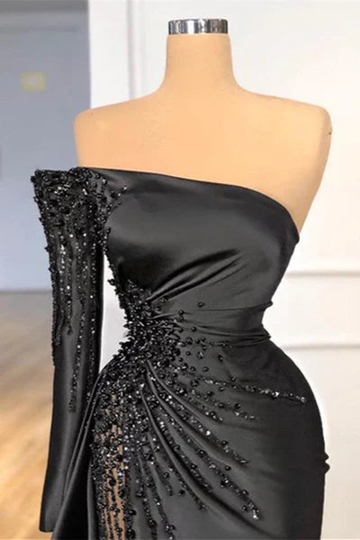 Black Mermaid One Shoulder Satin Long Prom Dress Beadings Evening Dress ED01465