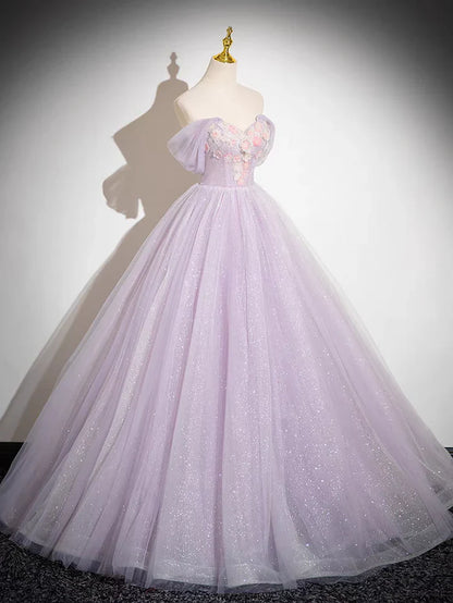 Vestido de fiesta largo de tul brillante con corte en A y hombros descubiertos con apliques florales ED01468