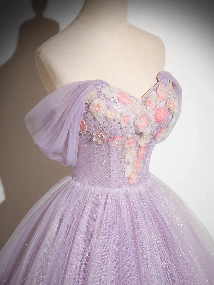 Vestido de fiesta largo de tul brillante con corte en A y hombros descubiertos con apliques florales ED01468