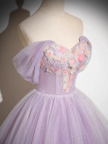 Vestido de fiesta largo de tul brillante con corte en A y hombros descubiertos con apliques florales ED01468
