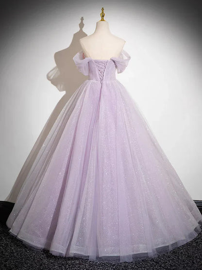 Vestido de fiesta largo de tul brillante con corte en A y hombros descubiertos con apliques florales ED01468