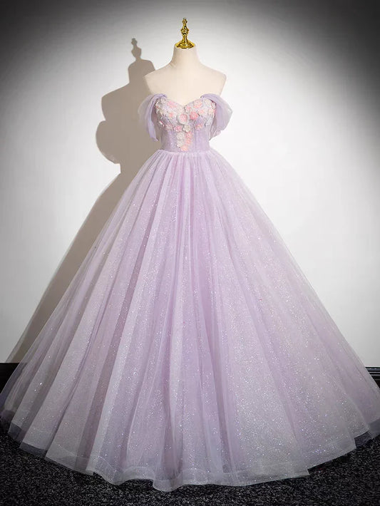 Sparkly A-Line Tulle Prom Dress Off the Shoulder Floral Appliques Long Prom Dress ED01468