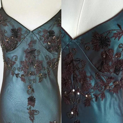 vintage-Inspired Evening Dresses 🩵 Blue Satin Spaghetti Straps Coffee Chiffon Long Prom Dresses with Beading ED01469