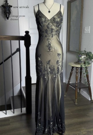 vintage-Inspired Evening Dresses 🩵 Blue Satin Spaghetti Straps Coffee Chiffon Long Prom Dresses with Beading ED01469