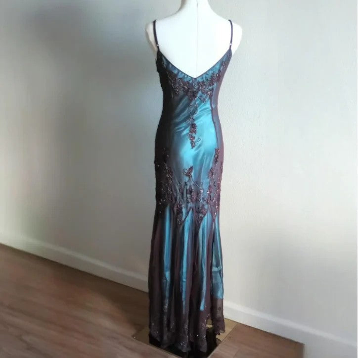 vintage-Inspired Evening Dresses 🩵 Blue Satin Spaghetti Straps Coffee Chiffon Long Prom Dresses with Beading ED01469