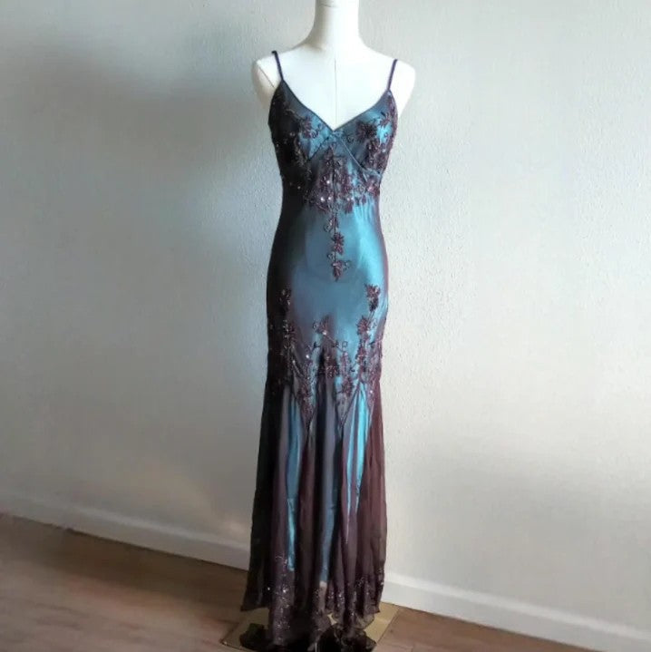 vintage-Inspired Evening Dresses 🩵 Blue Satin Spaghetti Straps Coffee Chiffon Long Prom Dresses with Beading ED01469