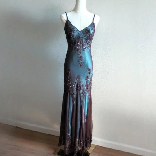 vintage-Inspired Evening Dresses 🩵 Blue Satin Spaghetti Straps Coffee Chiffon Long Prom Dresses with Beading ED01469