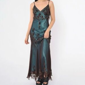 vintage-Inspired Evening Dresses 🩵 Blue Satin Spaghetti Straps Coffee Chiffon Long Prom Dresses with Beading ED01469