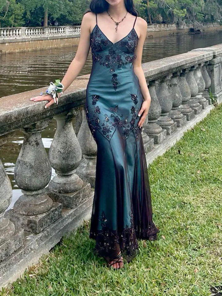 vintage-Inspired Evening Dresses 🩵 Blue Satin Spaghetti Straps Coffee Chiffon Long Prom Dresses with Beading ED01469