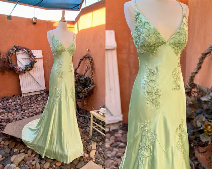 Chic A-Line Satin Spaghetti Straps Green Vintage  Backless Long Prom Dresses  ED01470