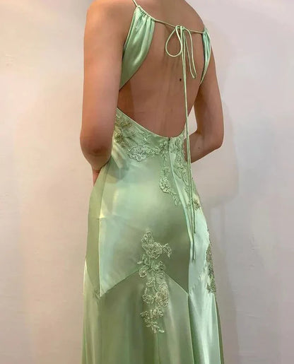 Chic A-Line Satin Spaghetti Straps Green Vintage  Backless Long Prom Dresses  ED01470