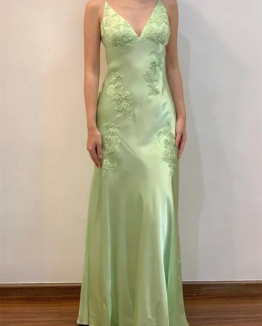 Chic A-Line Satin Spaghetti Straps Green Vintage  Backless Long Prom Dresses  ED01470