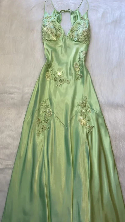 Chic A-Line Satin Spaghetti Straps Green Vintage  Backless Long Prom Dresses  ED01470