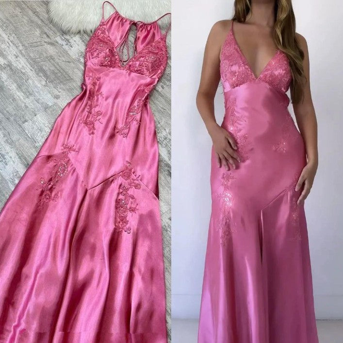 Chic A-Line Satin Spaghetti Straps Green Vintage  Backless Long Prom Dresses  ED01470