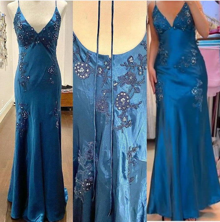 Chic A-Line Satin Spaghetti Straps Green Vintage  Backless Long Prom Dresses  ED01470