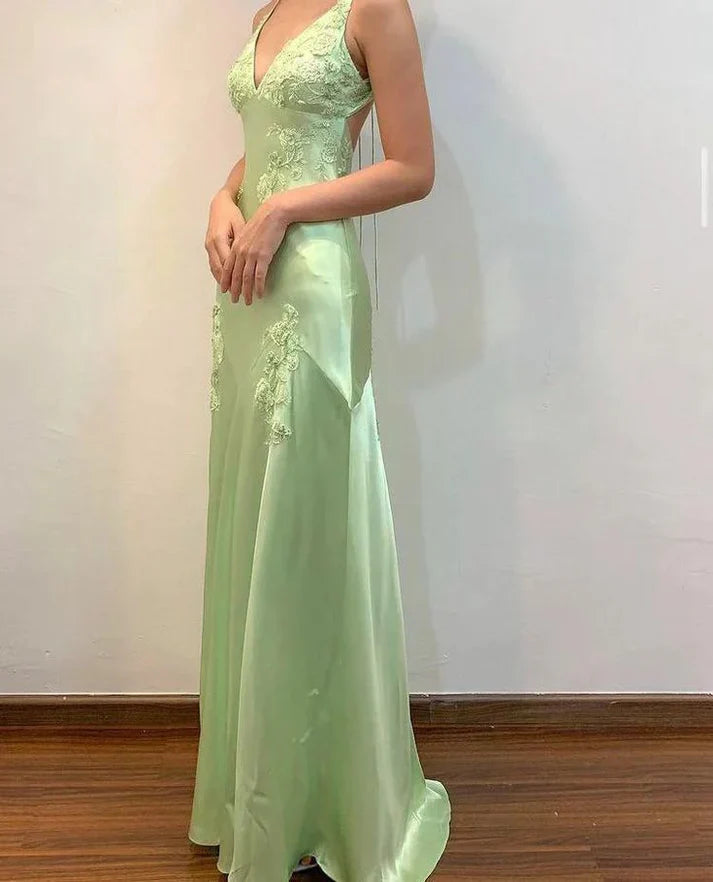 Chic A-Line Satin Spaghetti Straps Green Vintage  Backless Long Prom Dresses  ED01470