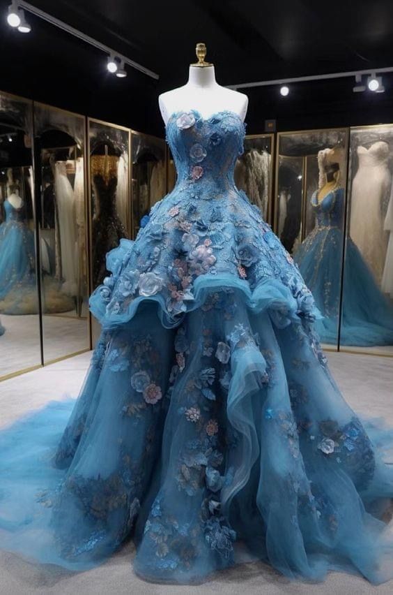 Sweetheart A-line Tulle 3D Appliqué Long Prom Dress, Vintage Evening Gown ED01471