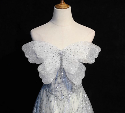 Vestido de fiesta largo de tul con lentejuelas, corte A, color gris plateado, con hombros descubiertos, ED01473