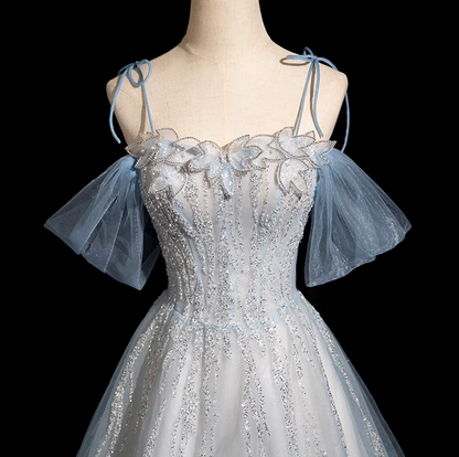 Vestido de fiesta largo de tul con lentejuelas y tirantes finos, corte A, elegante vestido de noche con cuentas ED01474