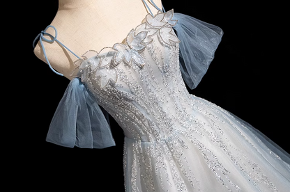 Vestido de fiesta largo de tul con lentejuelas y tirantes finos, corte A, elegante vestido de noche con cuentas ED01474