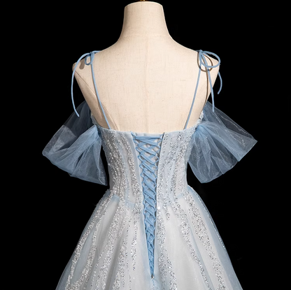 Vestido de fiesta largo de tul con lentejuelas y tirantes finos, corte A, elegante vestido de noche con cuentas ED01474