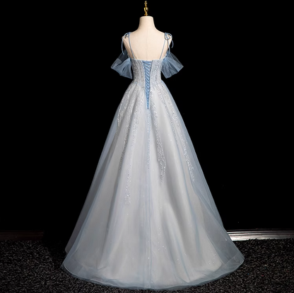 Vestido de fiesta largo de tul con lentejuelas y tirantes finos, corte A, elegante vestido de noche con cuentas ED01474