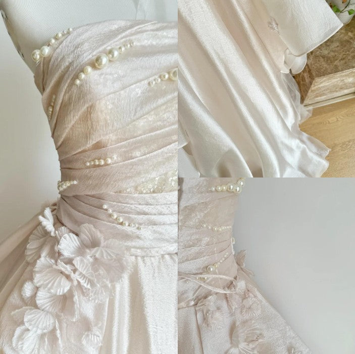 Vestidos de novia largos de satén y tul con corte en A en color rosa dulce, sin tirantes y con apliques ED01476