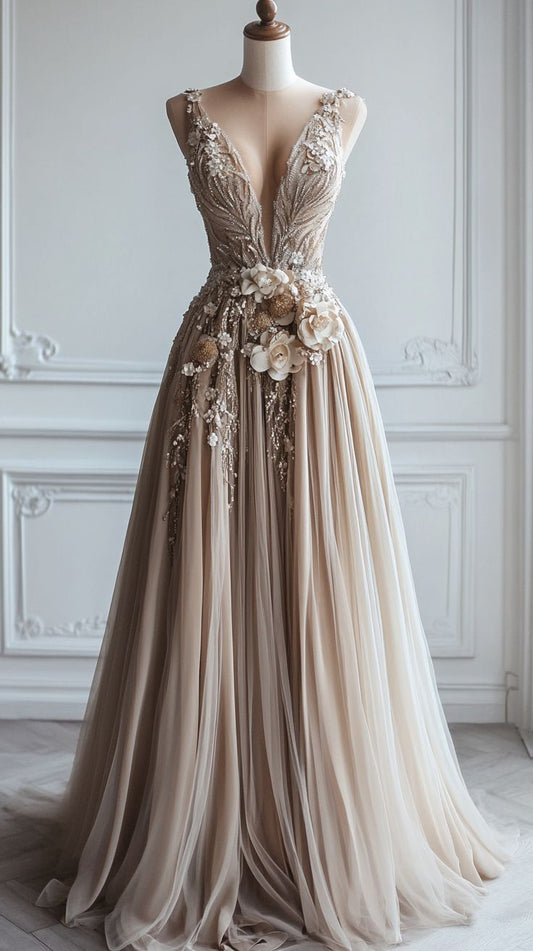 Vestido de noche largo de dama de honor con escote en V profundo y apliques de tul ED01478