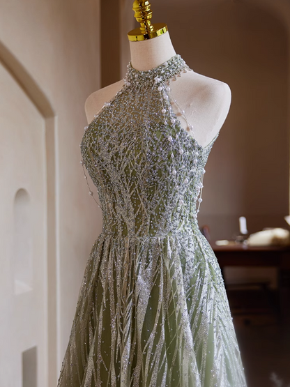 Vestido de fiesta largo verde de tul con lentejuelas y cuello halter, corte A, vestido de noche con cuentas ED01481