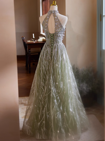 Vestido de fiesta largo verde de tul con lentejuelas y cuello halter, corte A, vestido de noche con cuentas ED01481