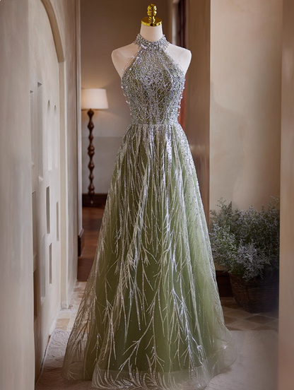 Vestido de fiesta largo verde de tul con lentejuelas y cuello halter, corte A, vestido de noche con cuentas ED01481