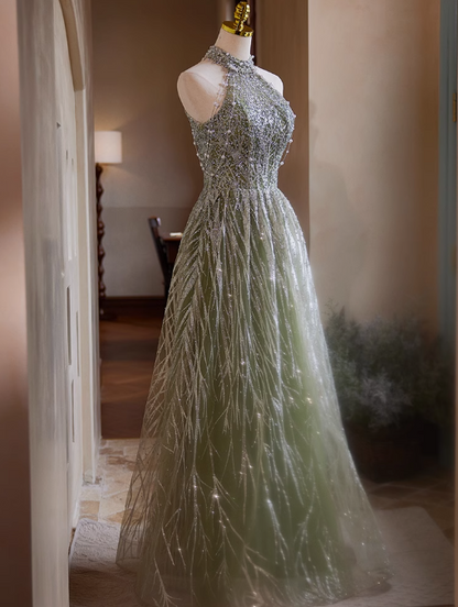 Vestido de fiesta largo verde de tul con lentejuelas y cuello halter, corte A, vestido de noche con cuentas ED01481